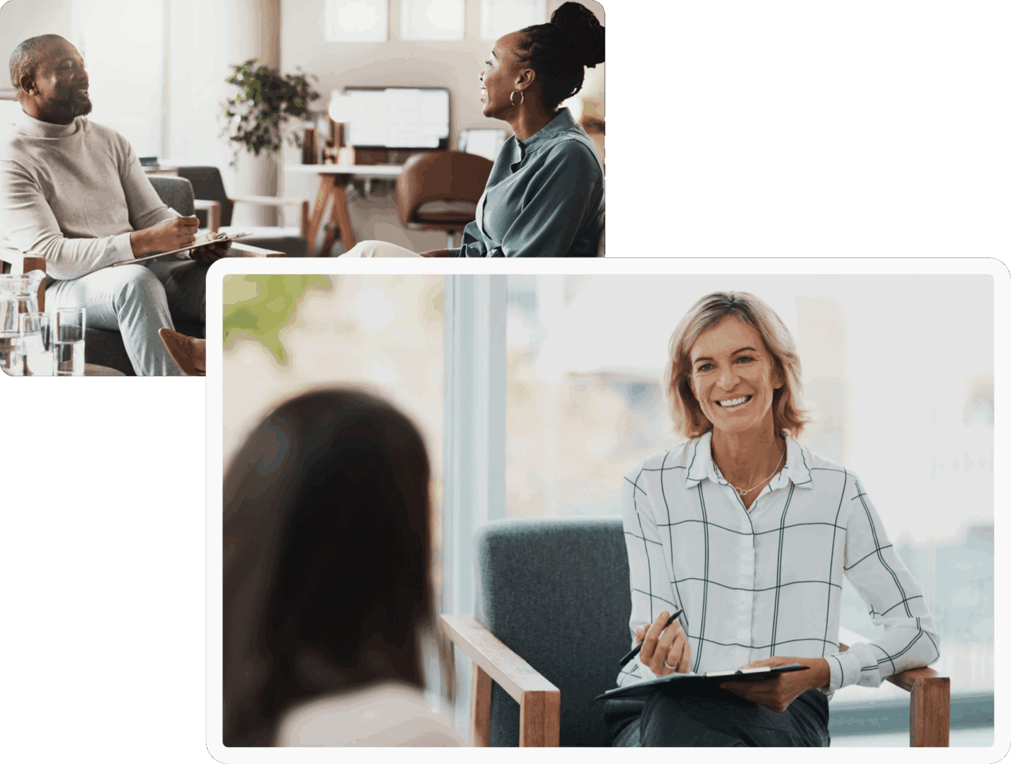 People engaged in friendly, professional conversations.